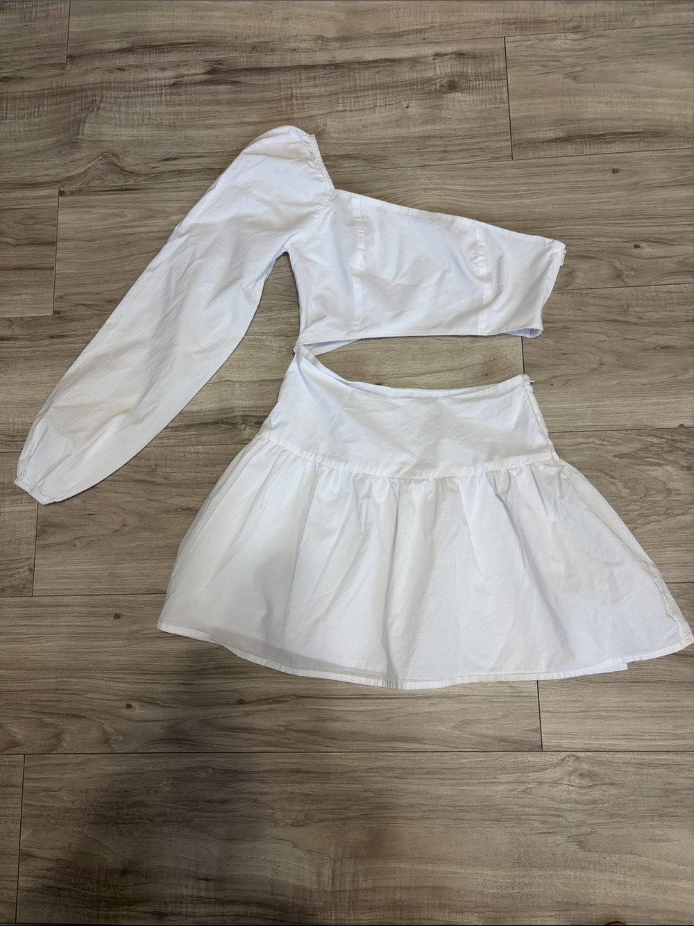 White One-Shoulder Cutout Mini Dress with Puff Sleeve